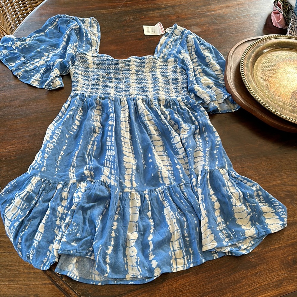 Blue and white tie-dyed cover up. Size M